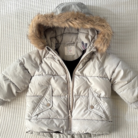 Zara Baby Gray Puffer Jacket with Faux Fur Trim Hood - Picture 4 of 14